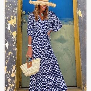 Blue and White Patterned Maxi Dress